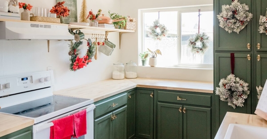 kitchen decorated for the holidays